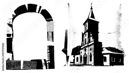 Gothic Church with Stone Archway Silhouetted in Halftone Vector Art