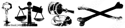 Four Symbols Representing Justice, Law, and Piracy in Halftone Style