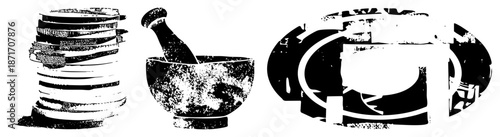 Stack of Plates, Mortar and Pestle, Coffee Cup Vintage Kitchen