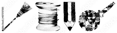 Vintage Art Tools Set Broom, Thread Spool, Pencil, and Patchwork Scissors