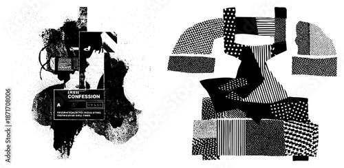 Abstract Collage of Textured Geometric Shapes in Black and White