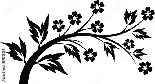 Black silhouette of a flowering tree branch on white background