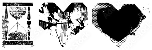 Three Halftone Art Pieces Featuring Hourglass, Bridge, and Heart Shapes