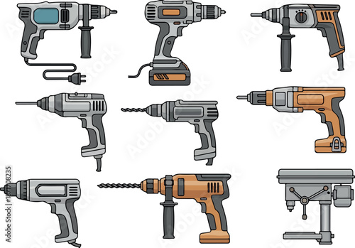 Diverse Array of Electric Drills Power Tools for Construction and DIY Projects