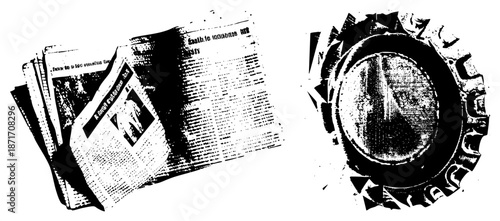 Vintage Newspaper Stack and Circular Gear Mechanism Vector Illustration