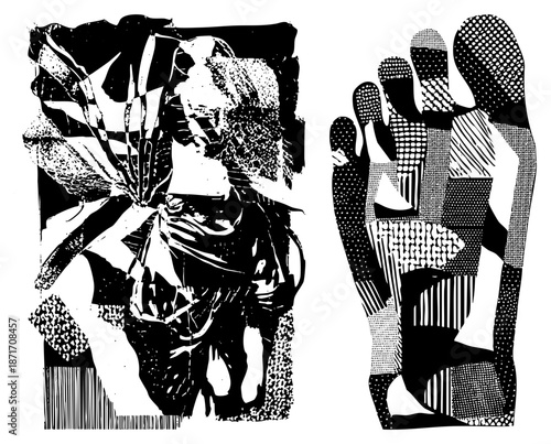 Abstract Black and White Halftone Human Figures with Geometric