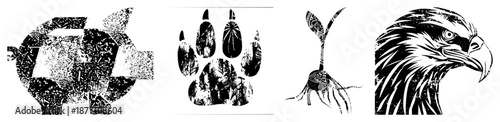 Stylized Pig, Paw Print, Sprout, and Eagle Head in Textured Vector Art