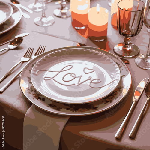 Formal dinner setting with candlelight and beautiful plate featuring word love decoration