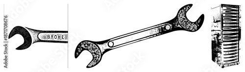 Broken Wrench with "BROKE" Engraved and Server Rack Vector Illustration