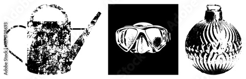Vintage Garden Watering Can, Scuba Diving Mask, and Textured Glass Bottle Vector Set