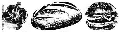 Halftone Illustration of Garlic, Loaf of Bread, and Hamburger in Black and White