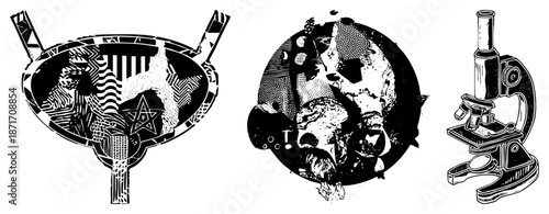 Intricate Black and White Vector Illustrations of Ritual Bowl, Cosmic Skull, and Microscope