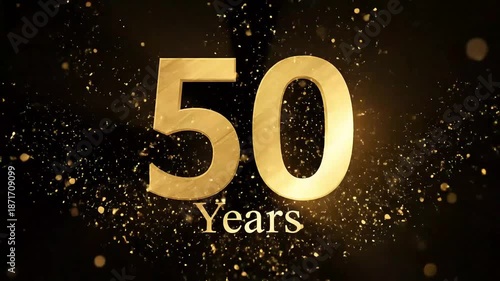 Golden 50 Years Anniversary Celebration with Glitter Particles on Black Background.