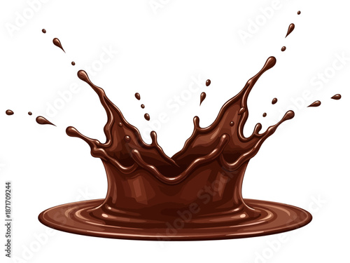 A glossy splash of rich dark chocolate erupts into a dynamic crown, suspending shiny droplets in mid-air above a swirling, velvety pool