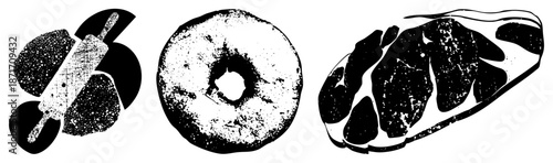 Rolling Pin, Donut, and Steak Classic Food in Halftone Vector Style
