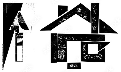 Abstract Geometric Glyphs with Textured Black Shapes on Transparent Background