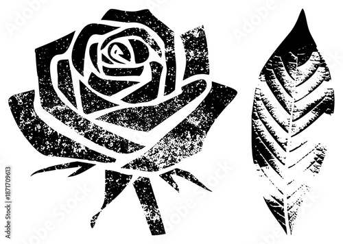 Vintage Grunge Rose and Leaf Silhouette with Distressed Texture