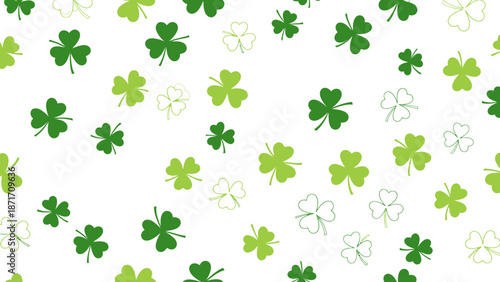 Seamless Pattern of Green and Outline Shamrocks on White Background