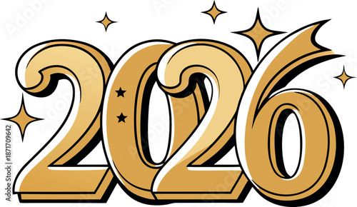Festive golden graphic illustration of the year two thousand twenty-six prominently displayed with stylized sparkling accents and celebratory ornamental flourishes suitable for holiday announcements 