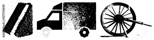 Vintage Truck, Wheel, and Tool in Halftone Vector Style