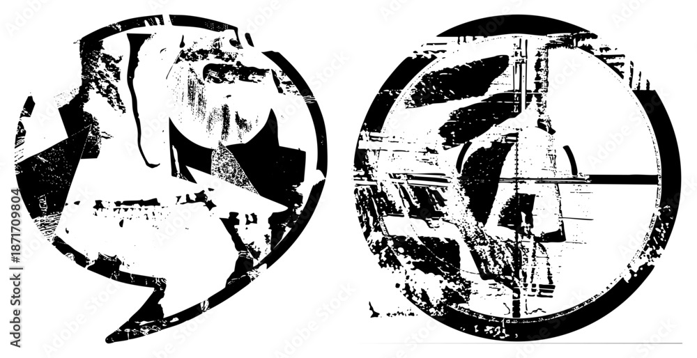 Fototapeta premium Abstract Black and White Circular Graphic with Distorted Textures