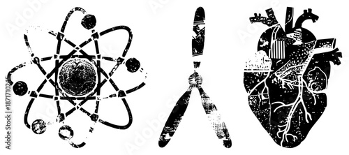 Atomic Structure, Chromosome, and Human Heart Anatomical Symbols