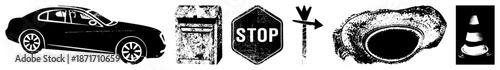 Black and White Vector of Car, Safe, Stop Sign, Arrow, Tire, and Cone
