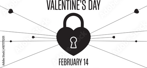 Valentine's day security concept graphic illustration featuring heart shaped padlock with radiating lines rays.