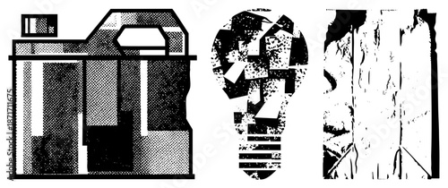 Abstract Halftone Illustration of Camera, Lightbulb, and Tree Trunk