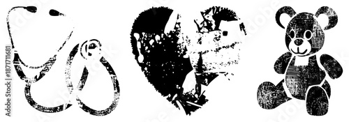 Medical Stethoscope, Broken Heart, and Teddy Bear in Grunge Vector Style