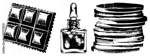Black and White Vector Illustration of Chocolate Bar, Nail Polish Bottle, and Stacked Rings