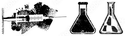 Medical Syringe Injecting Substance with Lab Flasks in Grunge Style