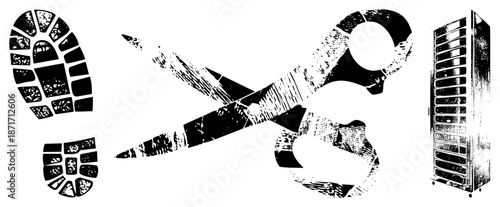Stylized Footprint, Scissors, and Server Rack in Grunge Vector Design