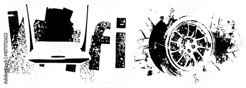 Grunge Styled "WiFi" Text with Car Wheel Graphic