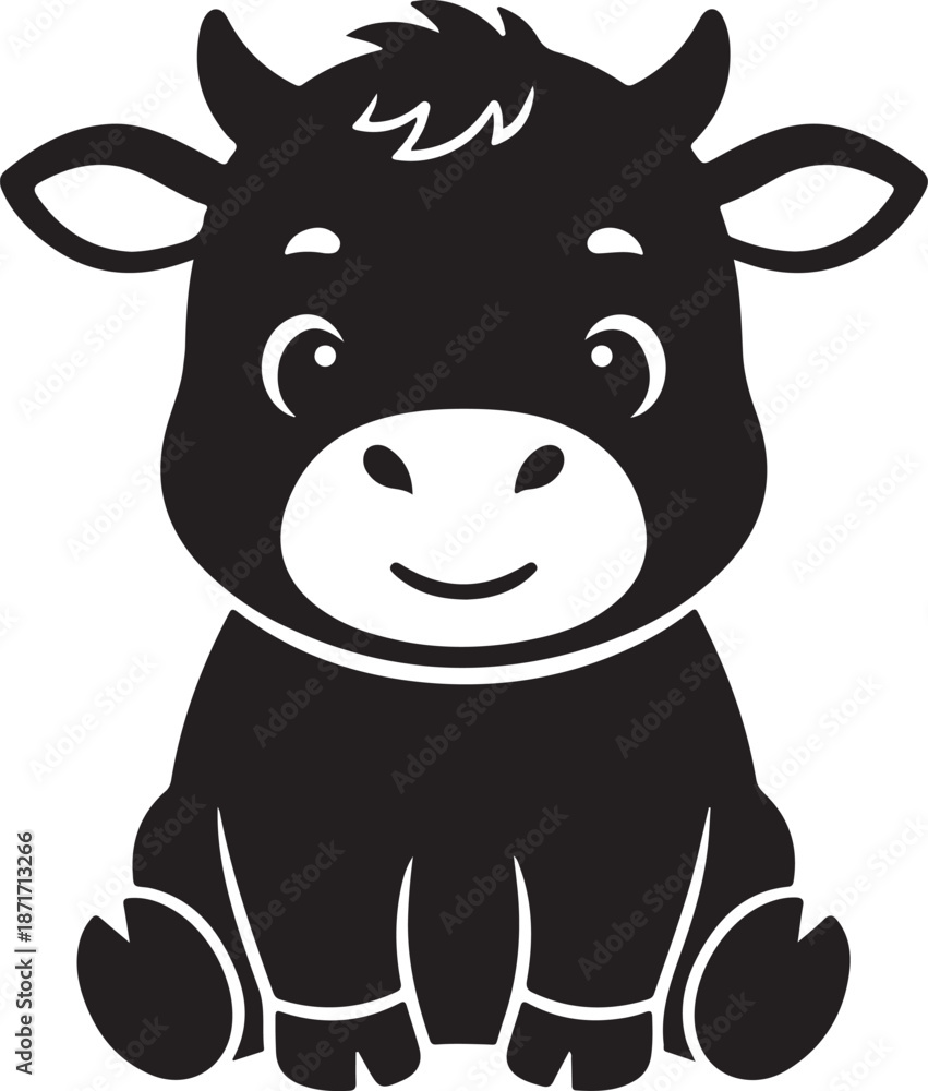 Fototapeta premium Baby Cow Sitting Silhouette Cute Farm Animal Icon