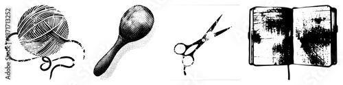 Vintage Textured Craft Tools Yarn Ball, Maraca, Scissors, and Worn Book
