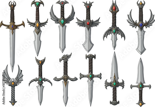 Collection of Ornamental Swords with Gem-Encrusted Hilts and Unique Designs