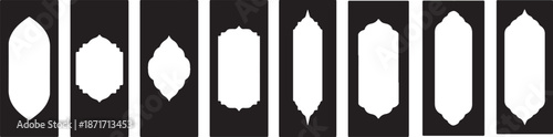 Set of  Oriental Style Islamic Ramadan Kareem and Eid Mubarak Windows and Arches. Flat design Morocco inspired simple shapes. Indian architecture icons. Muslim frames