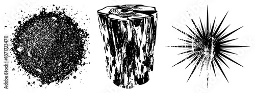 Three Black and White Vector Illustrations Charcoal Splash, Tree Stump, and Starburst