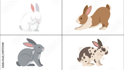 Collection of cute rabbit illustrations in various poses and fur patterns: white, brown, grey, spotted bunnies.