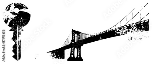 Vintage Key and Suspension Bridge Silhouettes with Distressed Texture