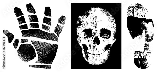 Grungy Black and White Handprint, Skull, and Footprint Vector Set