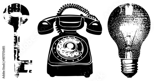 Vintage Communication Symbols Key, Rotary Phone, Lightbulb in Halftone Style