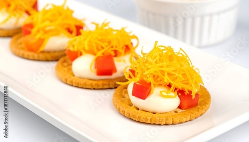 Delicious cracker appetizers with cream cheese, tomato, and shredded topping.
