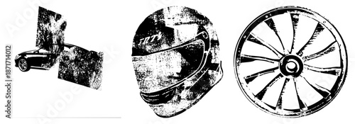 Racing Helmet, Car Wheel, and Sports Car Silhouette in Grunge Vector Style
