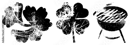 Vintage Grunge Style Leaf and Grill with Textured Halftone Effects