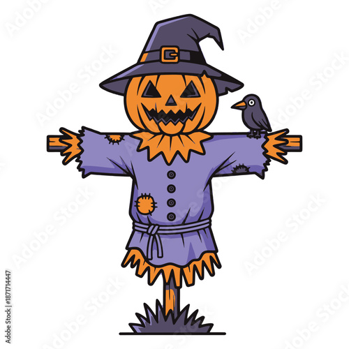 Scarecrow with pumpkin head and bird