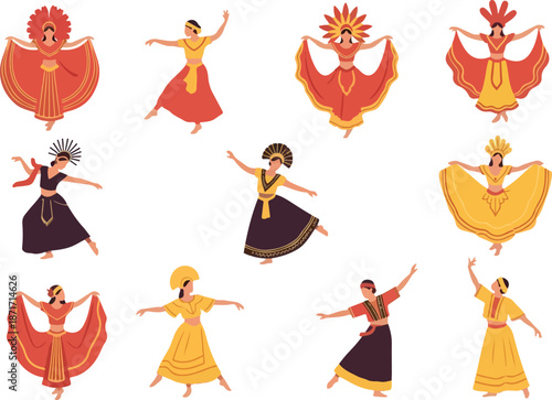 Diverse cultural dancers in colorful traditional costumes, celebrating global dance traditions