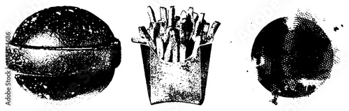 Classic Fast Food Burger, Fries, and Soda in Halftone Vector Style