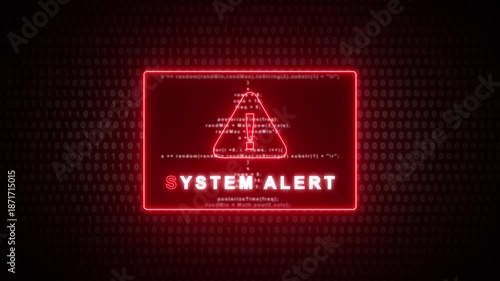 Red Neon System Alert Message With Binary Code Background And Exclamation Mark Symbol warning danger